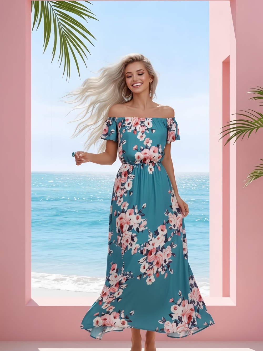Charlotte Russe Teal Floral Off the Shoulder Maxi Dress - Picture 2 of 7